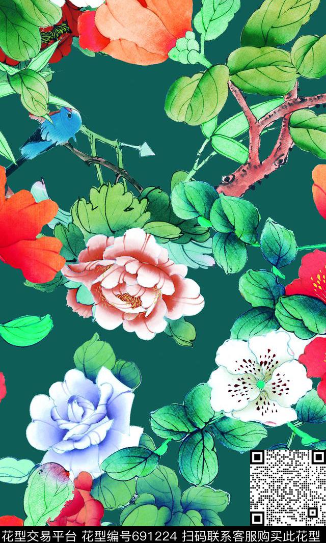牡丹花朵时尚数码印花花型下载（图片编号: 691224） - 瓦栏（Walan）
