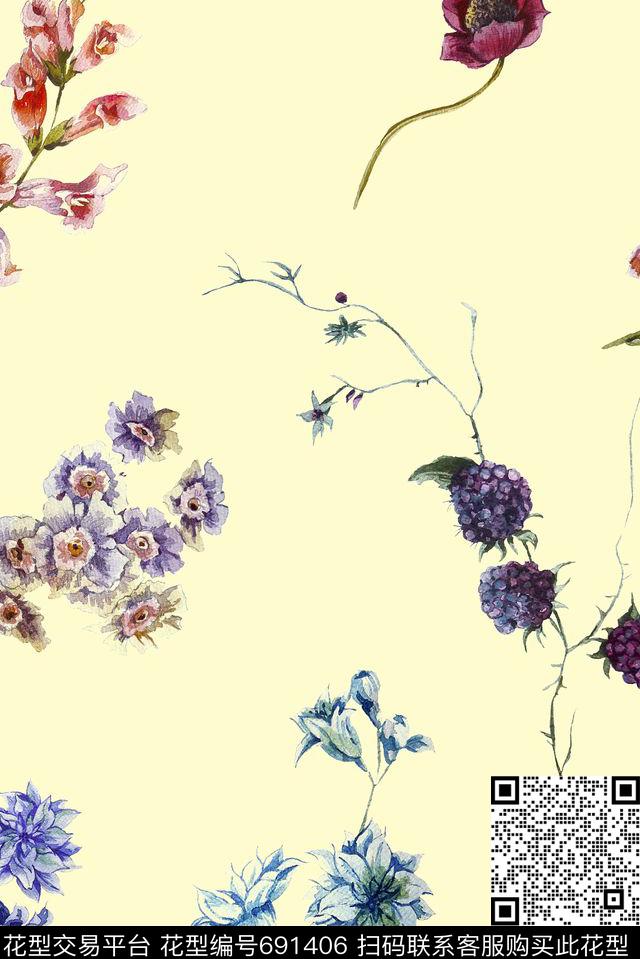 手绘简单花卉数码印花花型下载（图片编号: 691406） - 瓦栏（Walan）