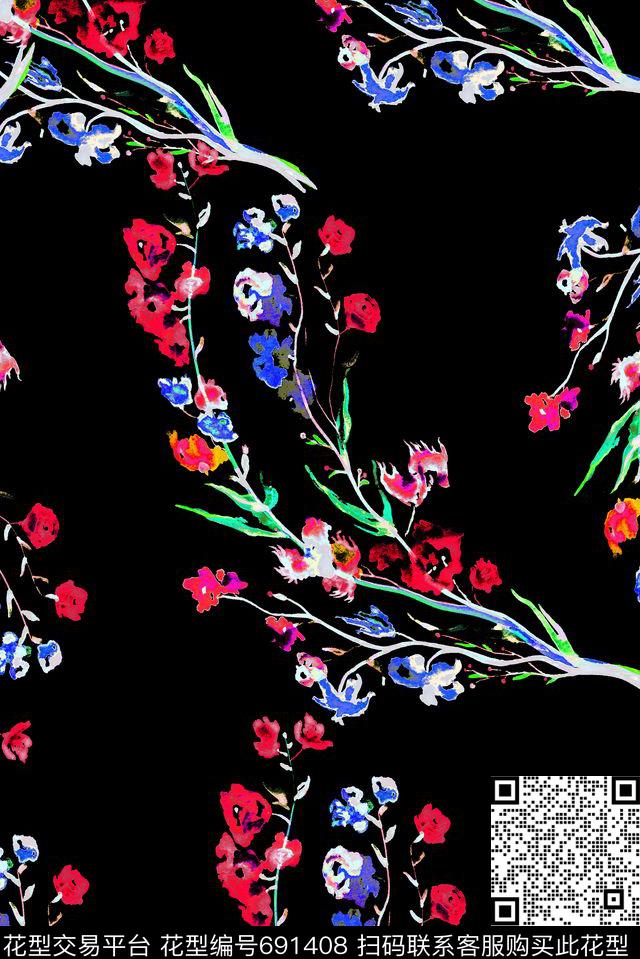 手绘曝光花卉数码印花花型下载（图片编号: 691408） - 瓦栏（Walan）