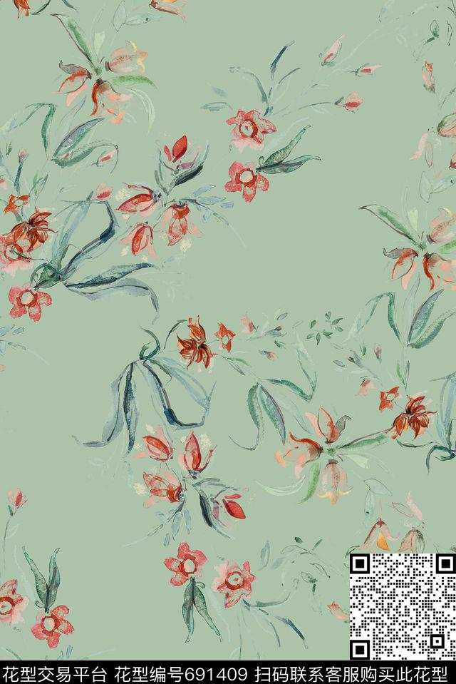 瑕疵淡雅花卉数码印花花型下载（图片编号: 691409） - 瓦栏（Walan）