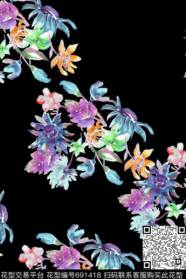 手绘水彩花卉数码印花花型下载（图片编号: 691418） - 瓦栏（Walan）