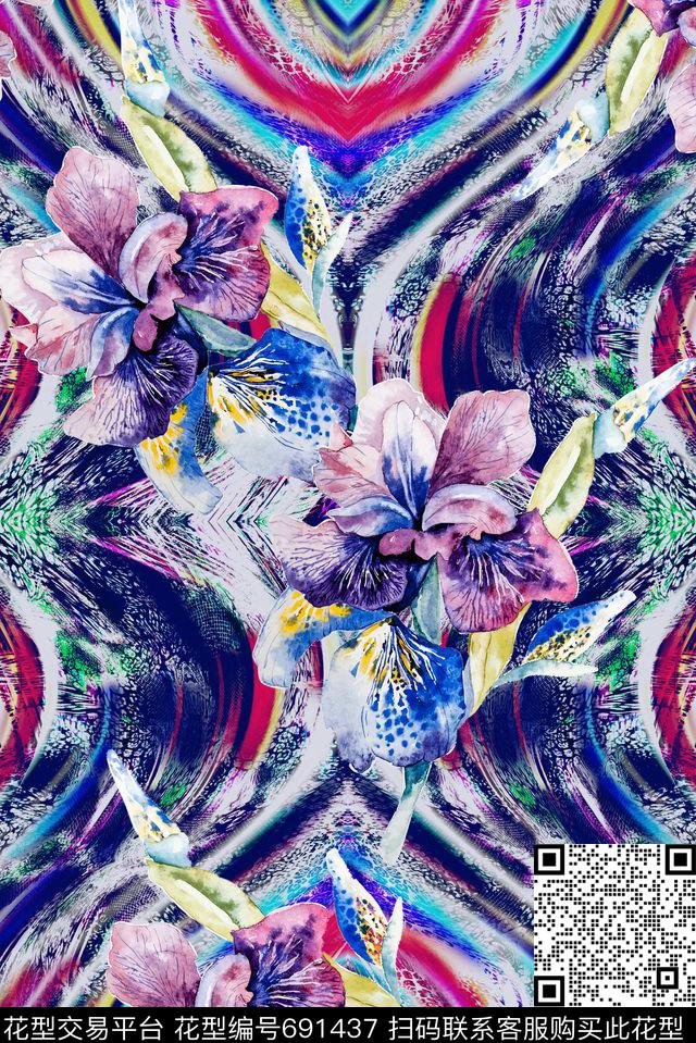 手绘五彩花卉数码印花花型下载（图片编号: 691437） - 瓦栏（Walan）
