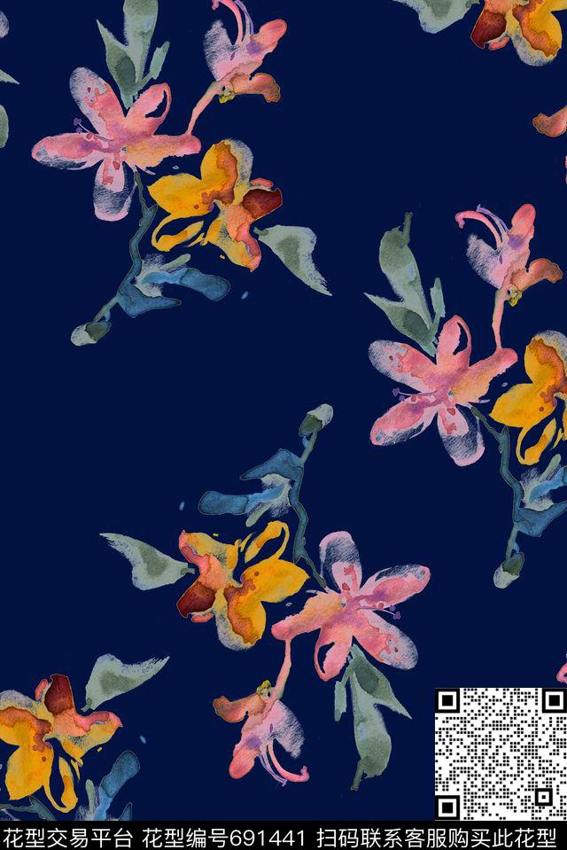 手绘水彩花卉数码印花花型下载（图片编号: 691441） - 瓦栏（Walan）