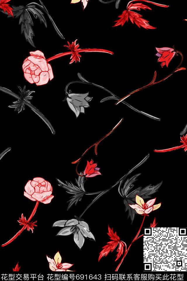 手绘铁锈红花卉传统印花花型下载（图片编号: 691643） - 瓦栏（Walan）