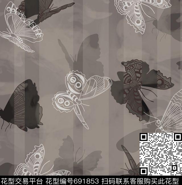 蝴蝶梦.tif - 691853 - 抽象 蝴蝶 条纹 - 传统印花花型 － 窗帘花型设计 － 瓦栏