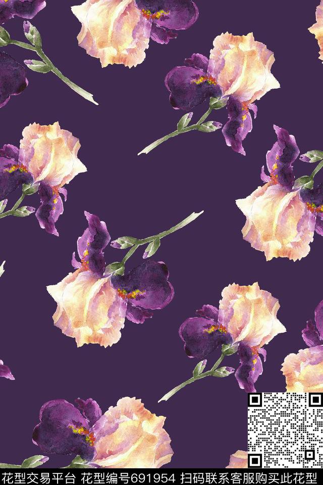 清爽紫色手绘数码印花花型下载（图片编号: 691954） - 瓦栏（Walan）