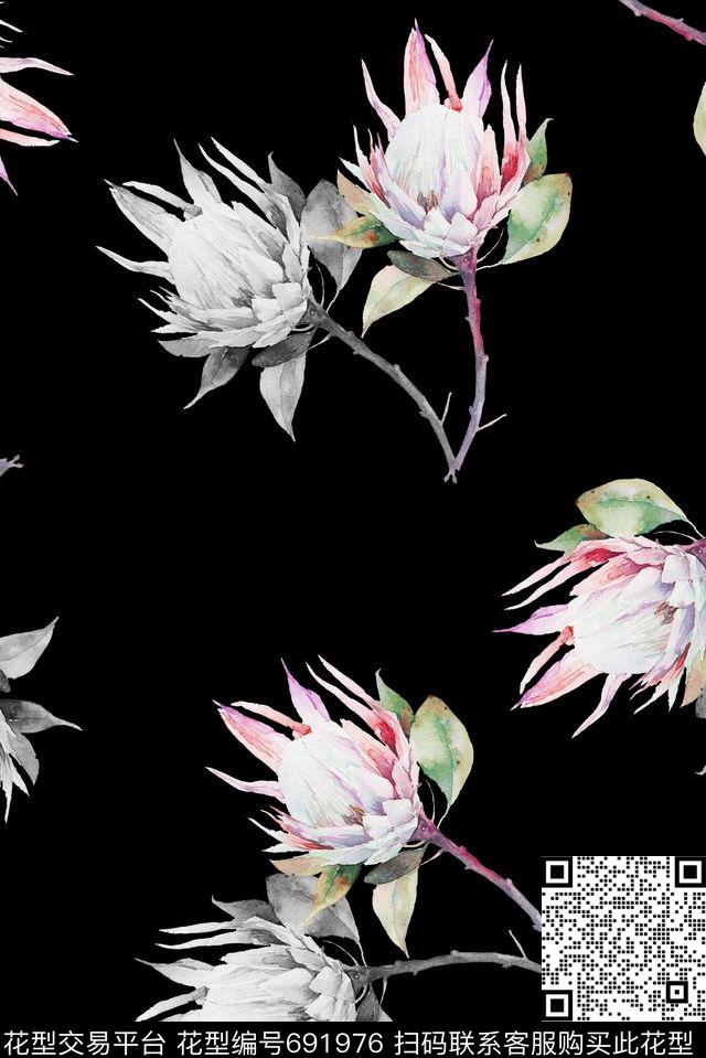 手绘彩色黑白数码印花花型下载（图片编号: 691976） - 瓦栏（Walan）