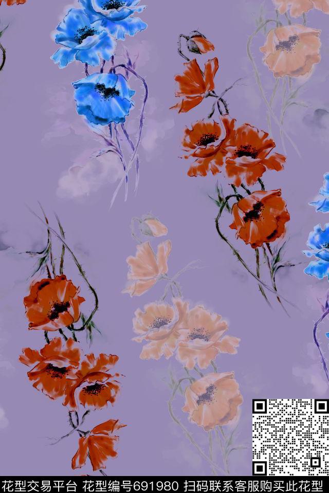 手绘水墨花卉数码印花花型下载（图片编号: 691980） - 瓦栏（Walan）