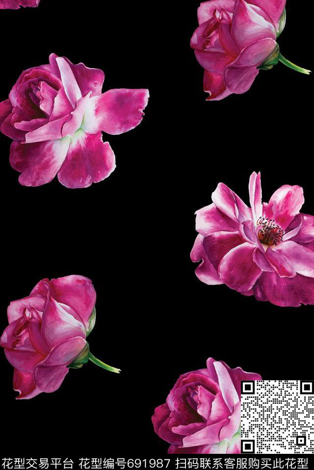 绽放手绘大朵数码印花花型下载（图片编号: 691987） - 瓦栏（Walan）
