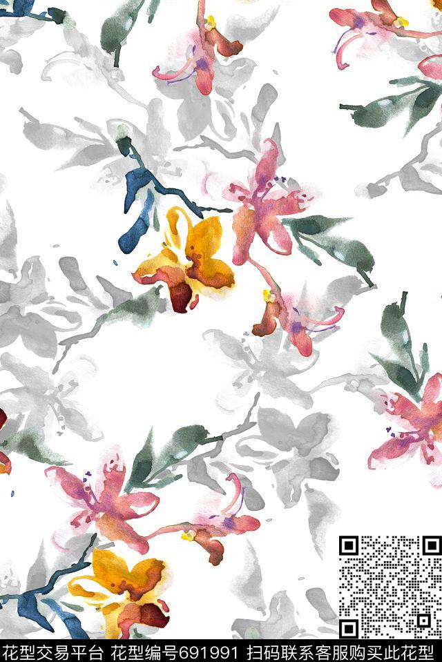 手绘抽象水墨数码印花花型下载（图片编号: 691991） - 瓦栏（Walan）