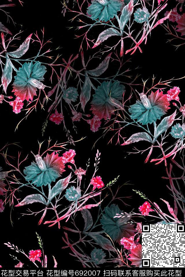 手绘枝条花卉数码印花花型下载（图片编号: 692007） - 瓦栏（Walan）