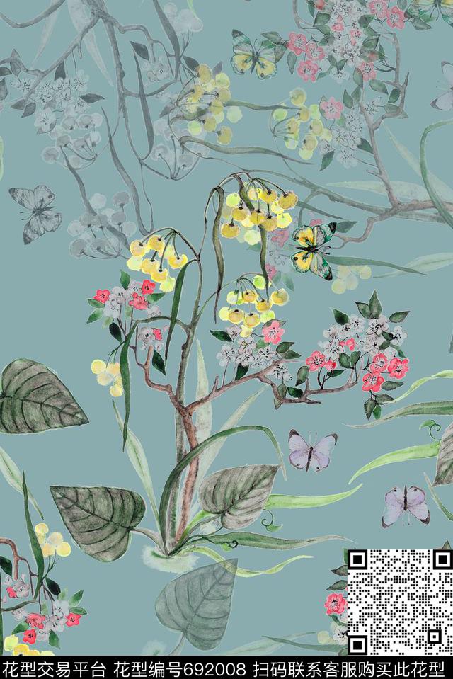 手绘水墨花卉数码印花花型下载（图片编号: 692008） - 瓦栏（Walan）
