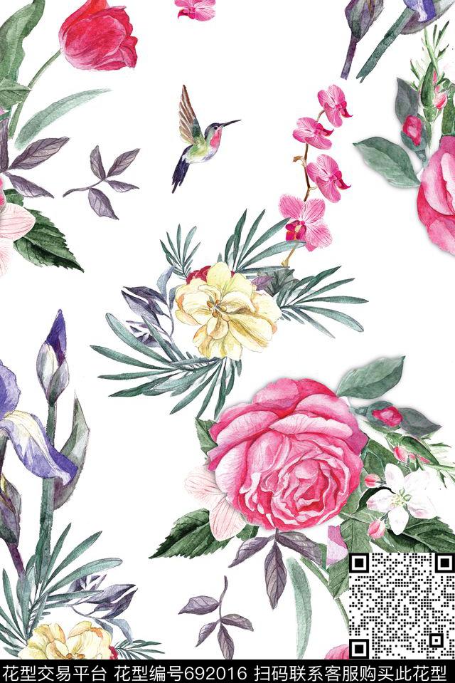 手绘花草花鸟数码印花花型下载（图片编号: 692016） - 瓦栏（Walan）