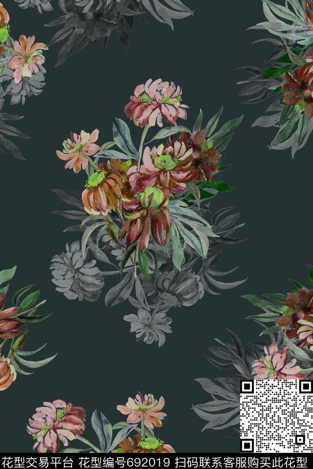 手绘花卉黑白数码印花花型下载（图片编号: 692019） - 瓦栏（Walan）