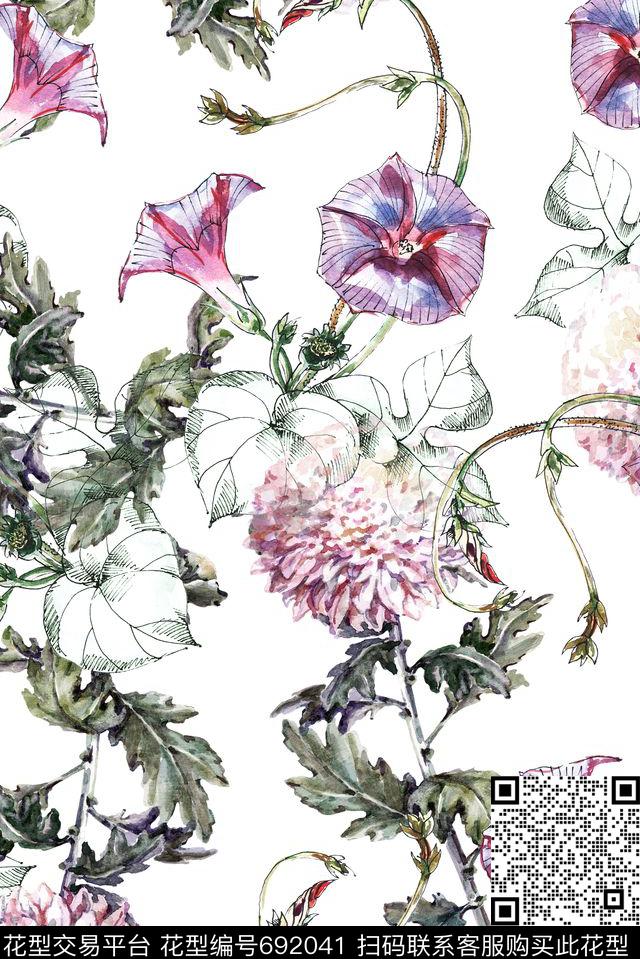 手绘牵牛花喇叭花数码印花花型下载（图片编号: 692041） - 瓦栏（Walan）