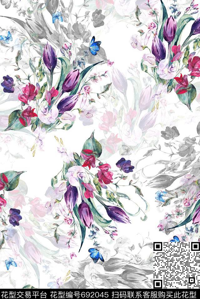 手绘白底黑白数码印花花型下载（图片编号: 692045） - 瓦栏（Walan）