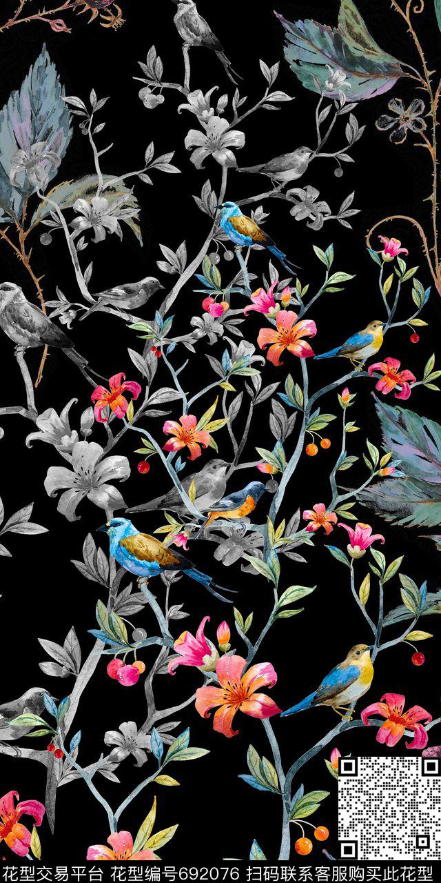 定位枝条花鸟数码印花花型下载（图片编号: 692076） - 瓦栏（Walan）