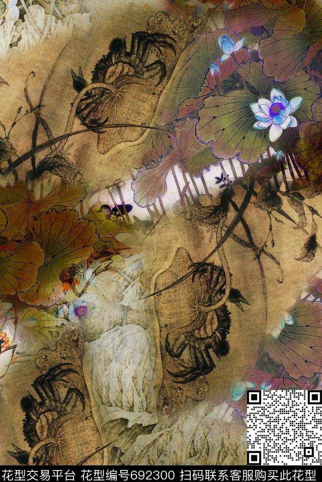 复古中国风国画数码印花花型下载（图片编号: 692300） - 瓦栏（Walan）