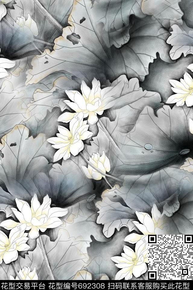中国风水墨荷花数码印花花型下载（图片编号: 692308） - 瓦栏（Walan）