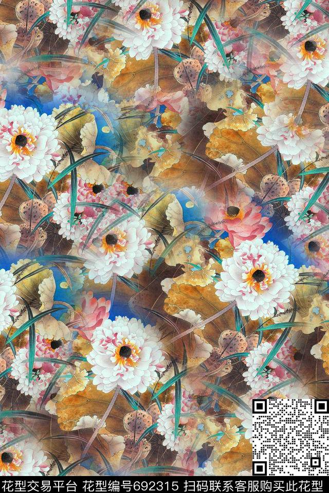 复古牡丹兰花数码印花花型下载（图片编号: 692315） - 瓦栏（Walan）