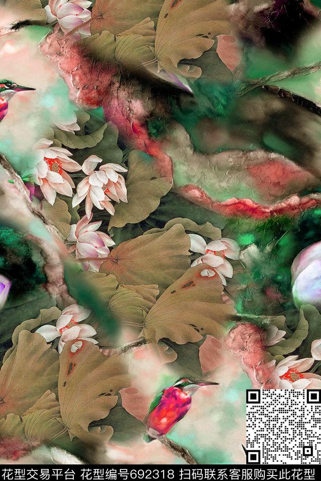 中国风国画荷花数码印花花型下载（图片编号: 692318） - 瓦栏（Walan）