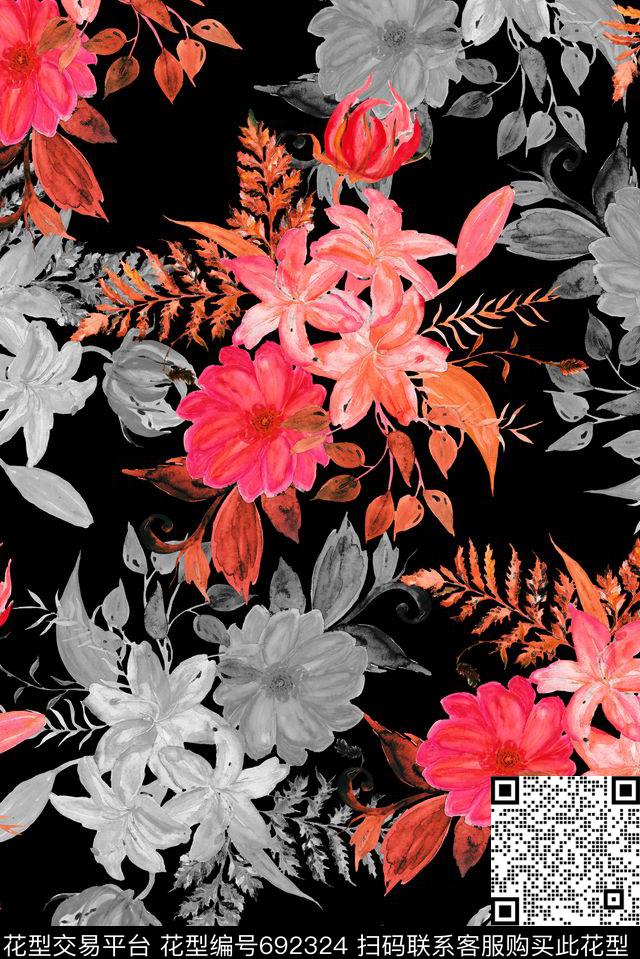 满版手绘花卉数码印花花型下载（图片编号: 692324） - 瓦栏（Walan）
