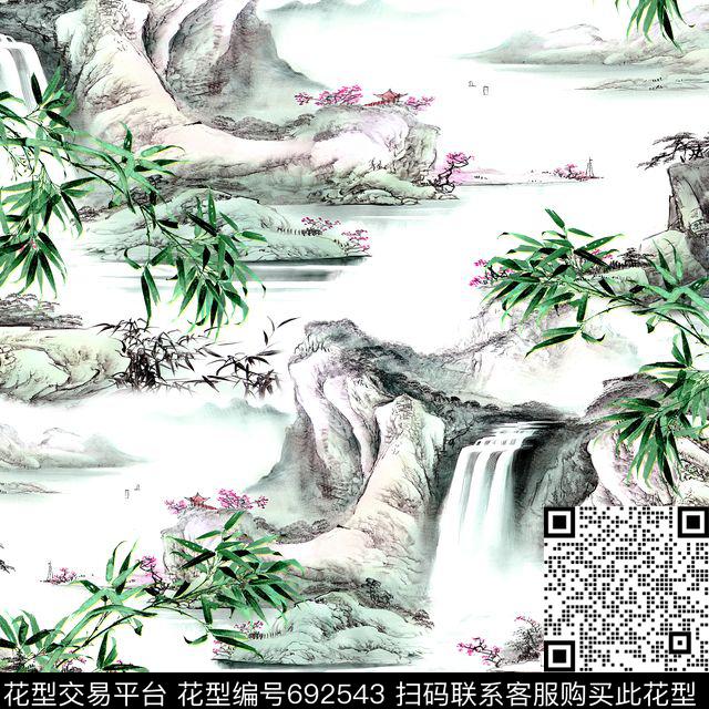 W-0815.tif - 692543 - 方巾 国画 中国风 - 数码印花花型 － 方巾花型设计 － 瓦栏