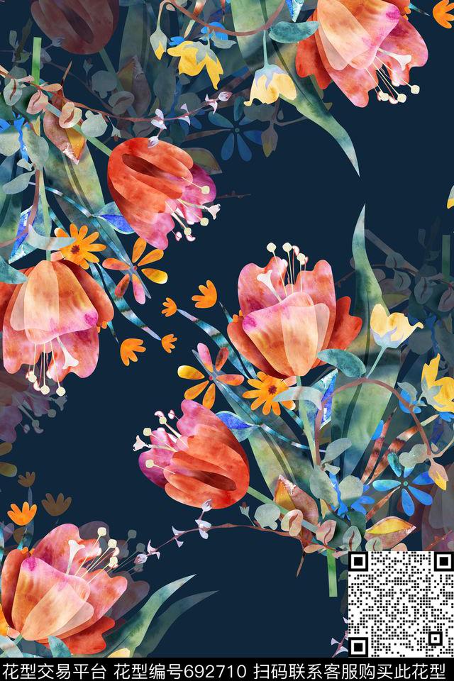 手绘花卉倒影数码印花花型下载（图片编号: 692710） - 瓦栏（Walan）