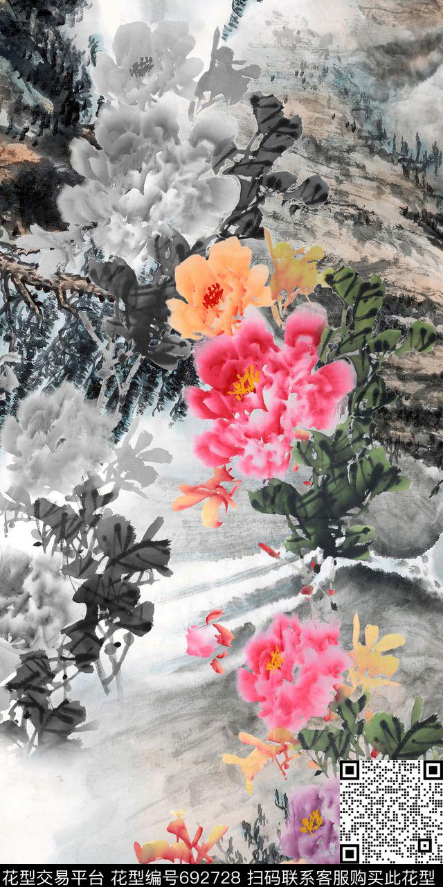 水墨中国风牡丹数码印花花型下载（图片编号: 692728） - 瓦栏（Walan）