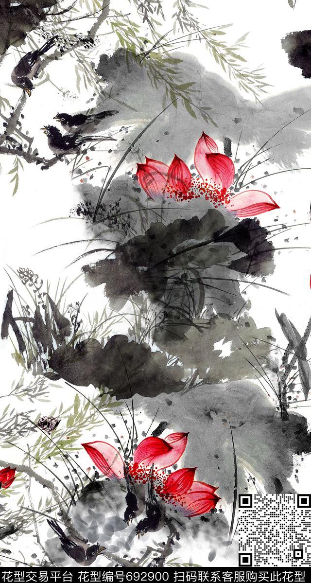 花卉中国风国画数码印花花型下载（图片编号: 692900） - 瓦栏（Walan）