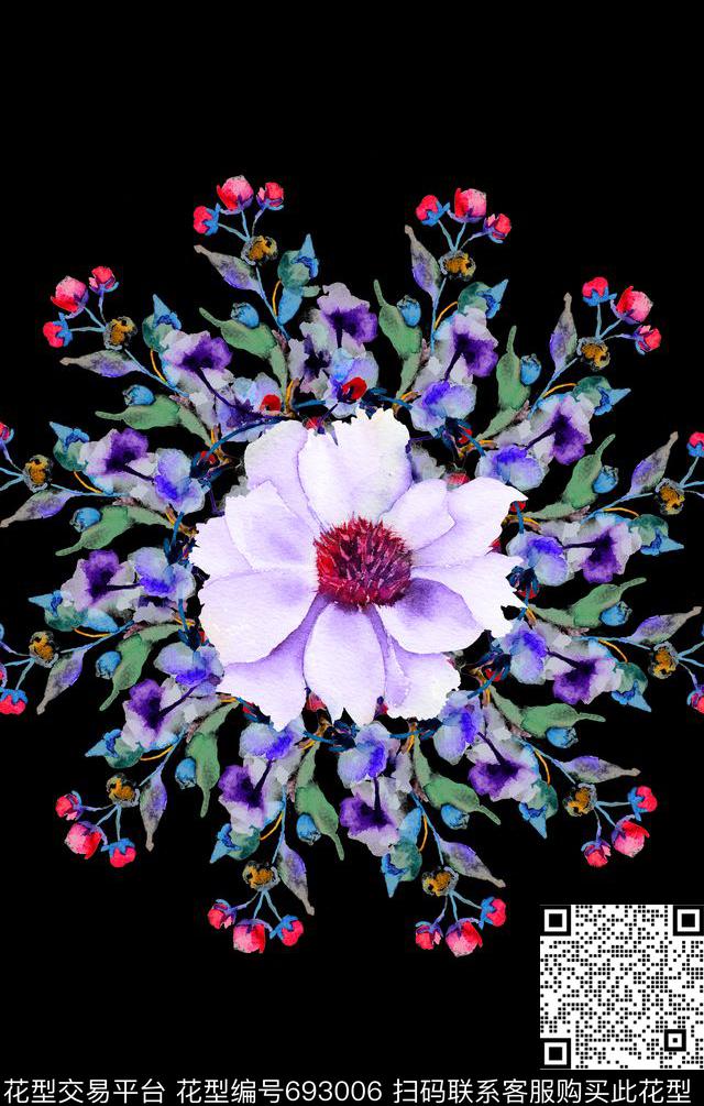 手绘圆形花卉数码印花花型下载（图片编号: 693006） - 瓦栏（Walan）