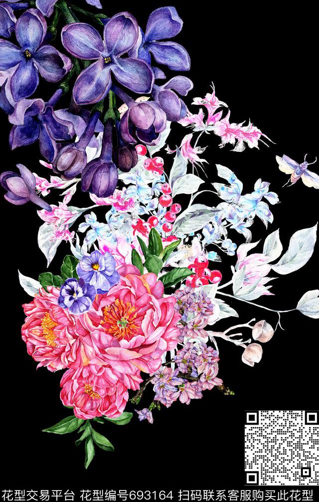 定位手绘花卉数码印花花型下载（图片编号: 693164） - 瓦栏（Walan）