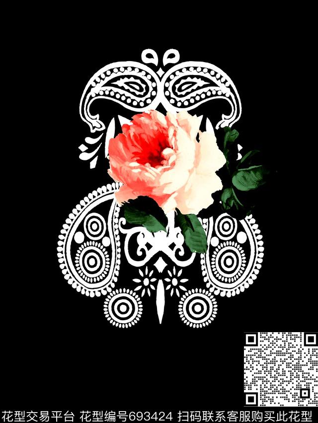 牡丹花卉腰果花数码印花花型下载（图片编号: 693424） - 瓦栏（Walan）