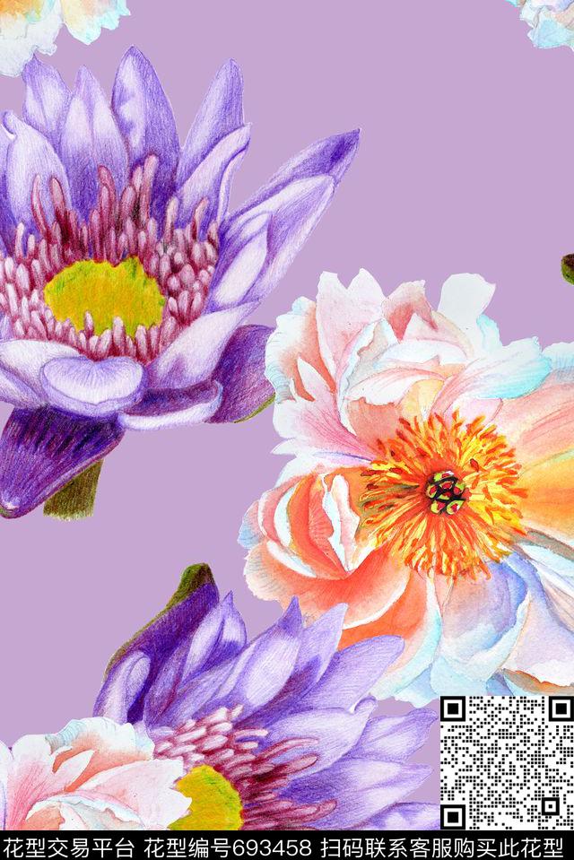 手绘精细大朵数码印花花型下载（图片编号: 693458） - 瓦栏（Walan）