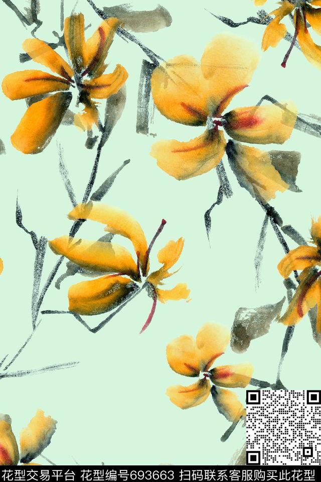 水墨枝条花卉数码印花花型下载（图片编号: 693663） - 瓦栏（Walan）