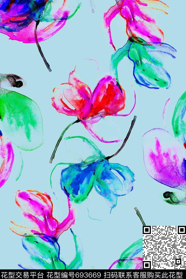 手绘水彩蜡笔数码印花花型下载（图片编号: 693669） - 瓦栏（Walan）