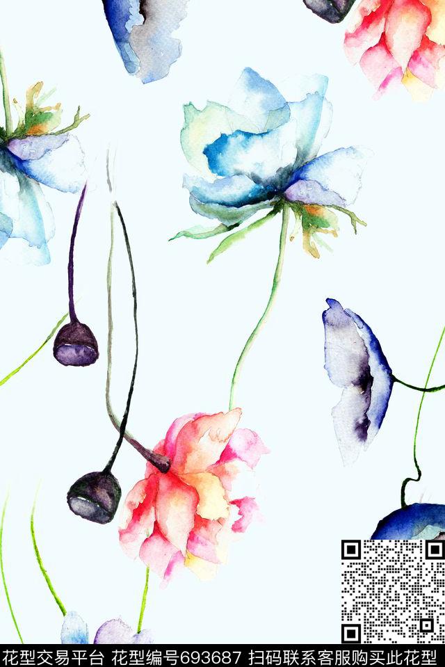手绘抽象花卉数码印花花型下载（图片编号: 693687） - 瓦栏（Walan）
