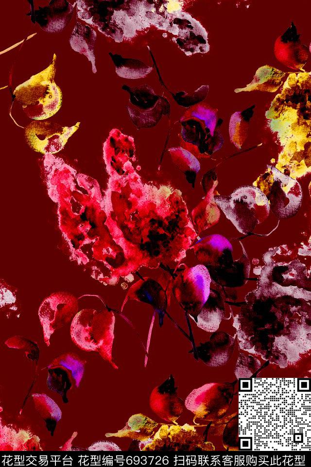 手绘抽象花卉数码印花花型下载（图片编号: 693726） - 瓦栏（Walan）