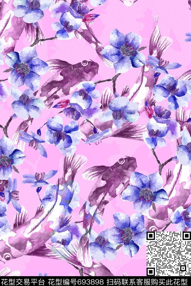 160822001.jpg - 693898 - 鲤鱼 水彩 花朵 - 传统印花花型 － 女装花型设计 － 瓦栏