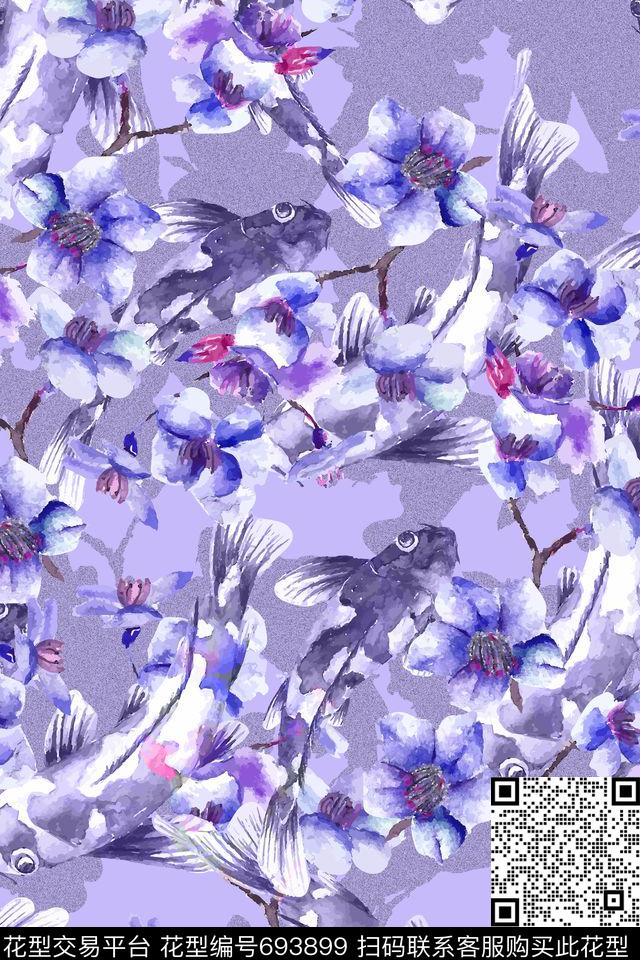 160822001-1.jpg - 693899 - 鲤鱼 水彩 花朵 - 传统印花花型 － 女装花型设计 － 瓦栏