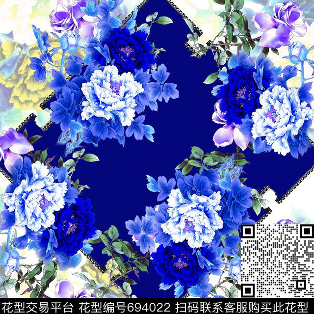 W-0805.tif - 694022 - 靑花瓷 方巾 国画 - 数码印花花型 － 方巾花型设计 － 瓦栏