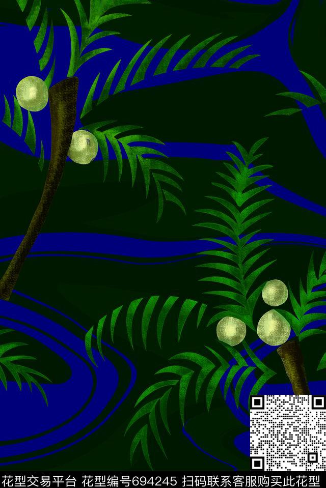 午夜热带热带雨林棕榈树传统印花花型下载（图片编号: 694245） - 瓦栏（Walan）