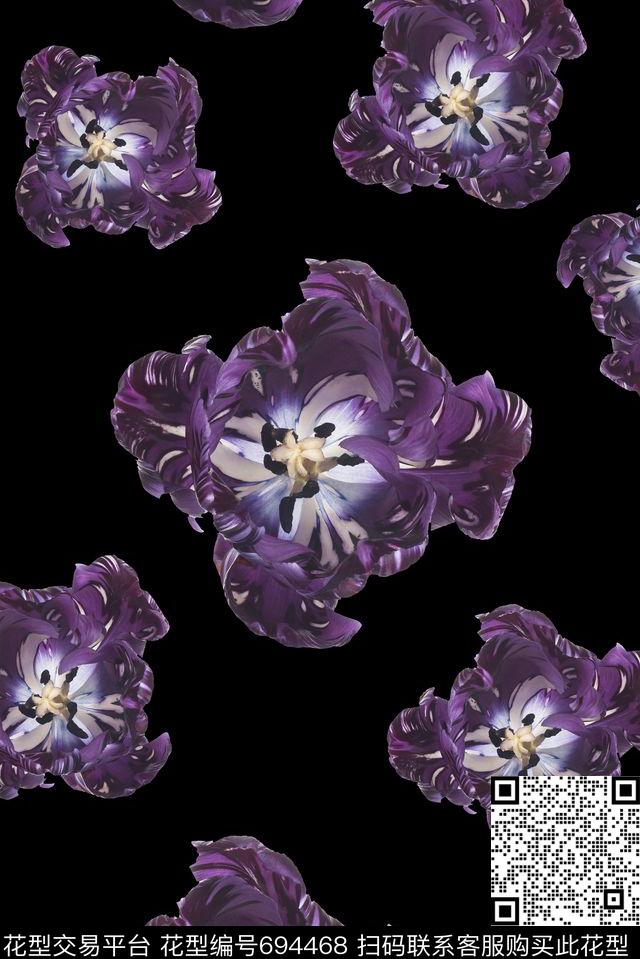 手绘花卉紫色数码印花花型下载（图片编号: 694468） - 瓦栏（Walan）