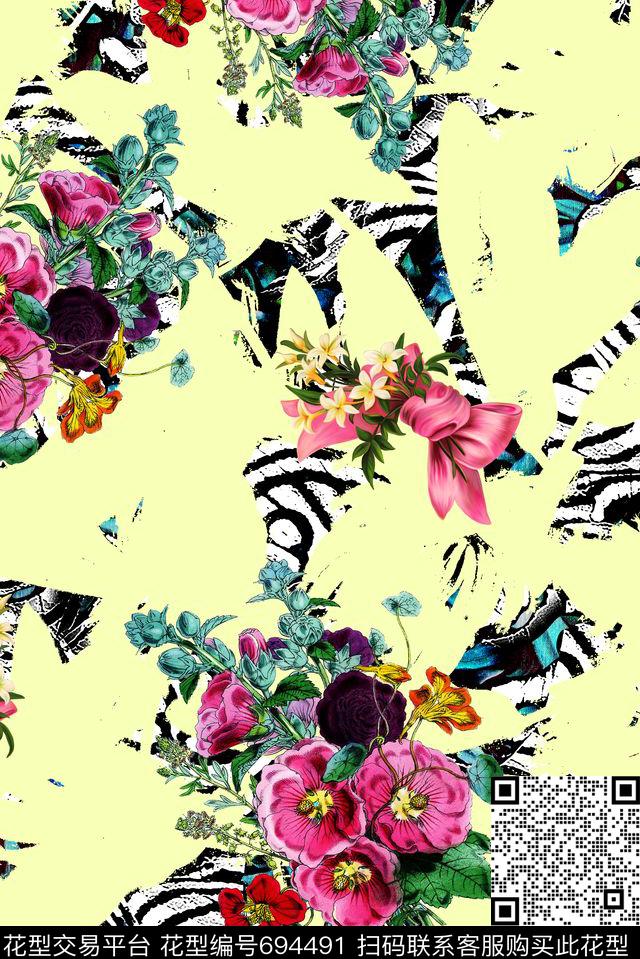 女装花卉斑马纹数码印花花型下载（图片编号: 694491） - 瓦栏（Walan）