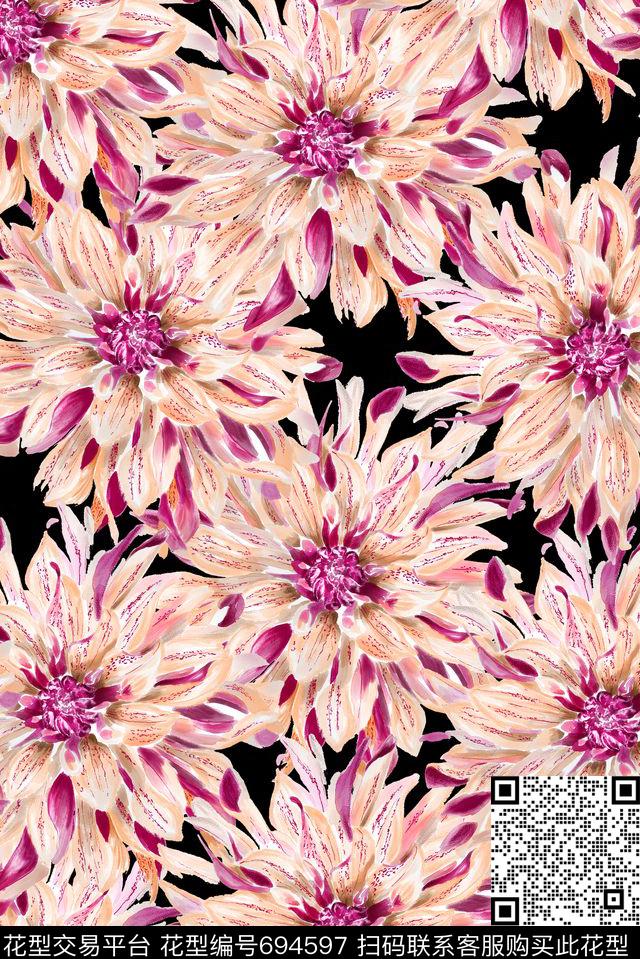 手绘绽放菊花数码印花花型下载（图片编号: 694597） - 瓦栏（Walan）