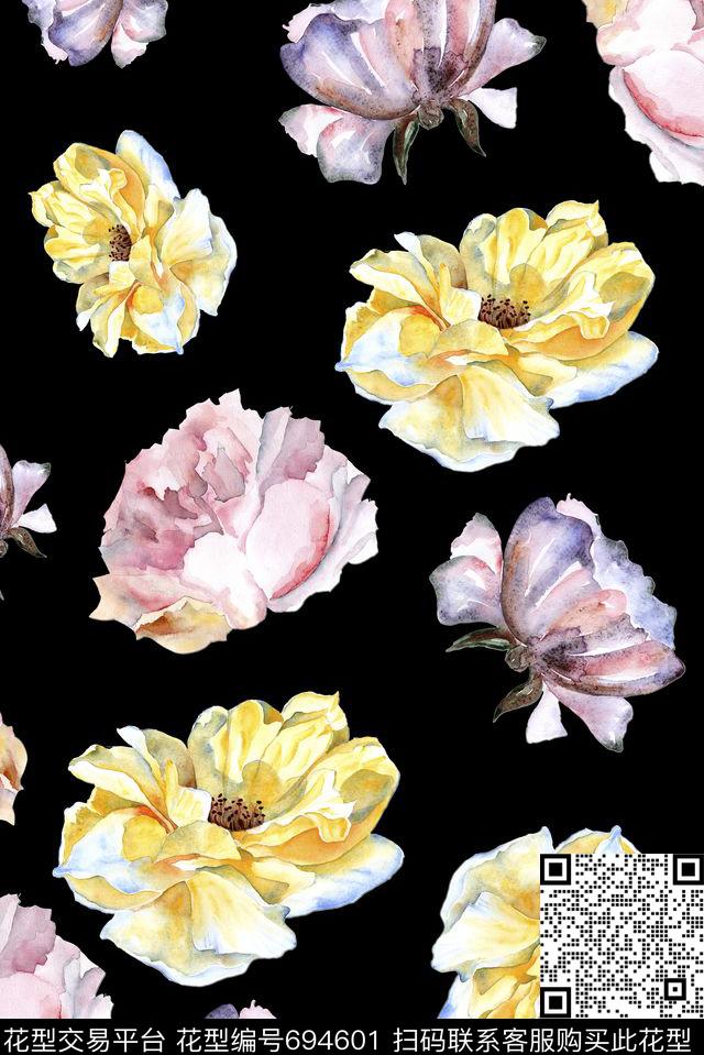手绘满版花卉数码印花花型下载（图片编号: 694601） - 瓦栏（Walan）
