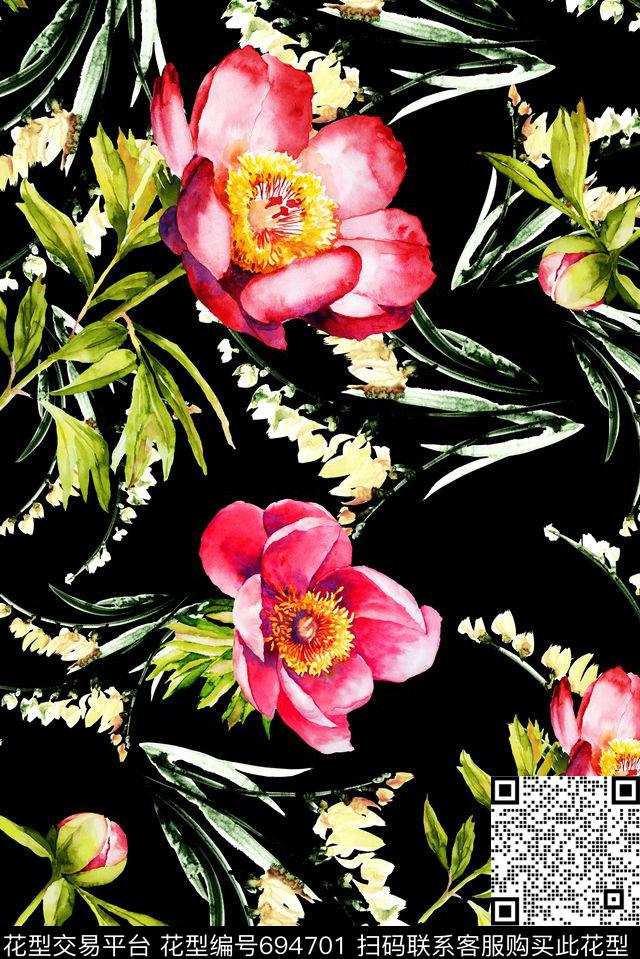 手绘花卉花草数码印花花型下载（图片编号: 694701） - 瓦栏（Walan）