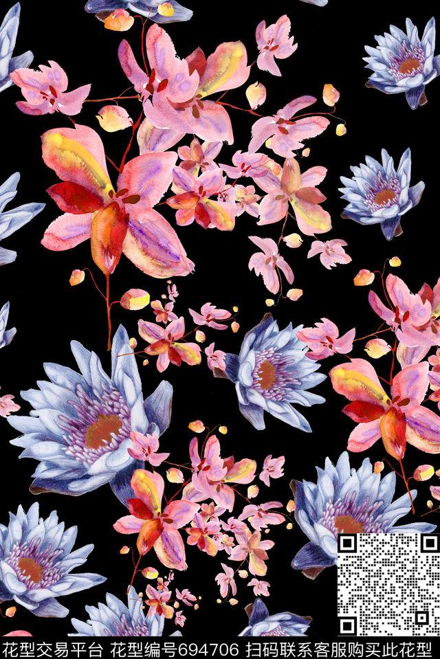 手绘绽放花卉数码印花花型下载（图片编号: 694706） - 瓦栏（Walan）