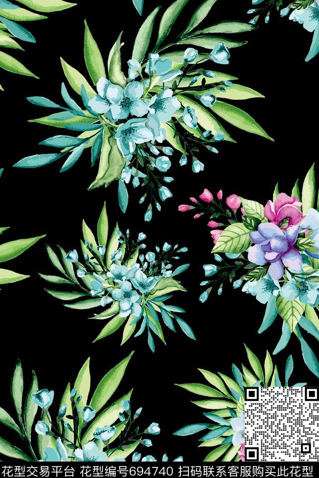多肉花卉叶子数码印花花型下载（图片编号: 694740） - 瓦栏（Walan）