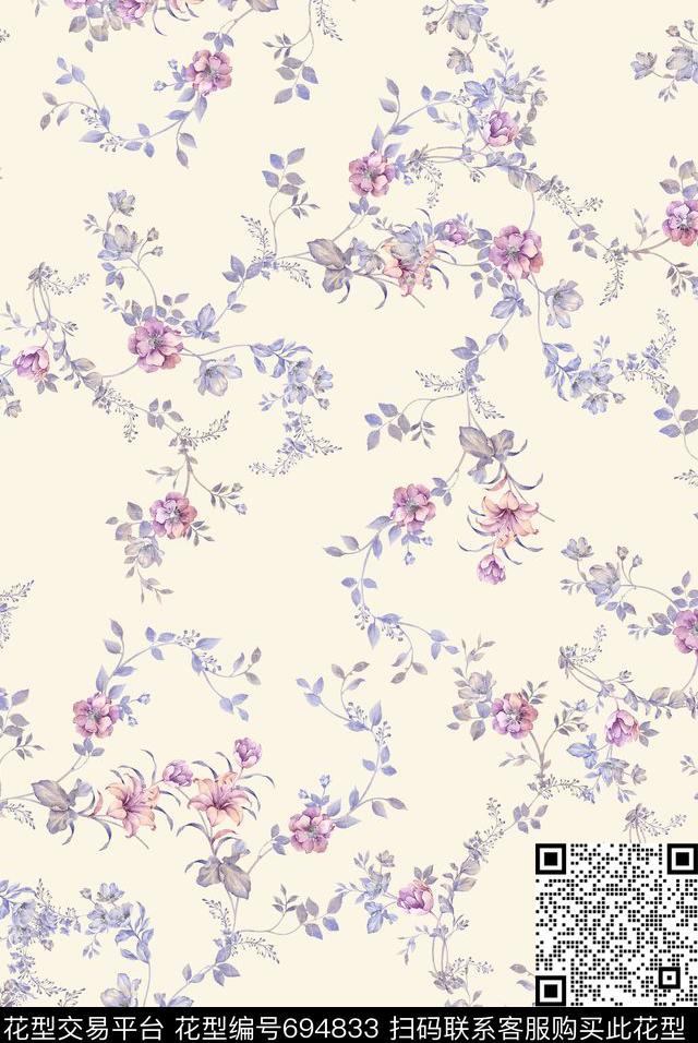兰花小碎花花朵数码印花花型下载（图片编号: 694833） - 瓦栏（Walan）